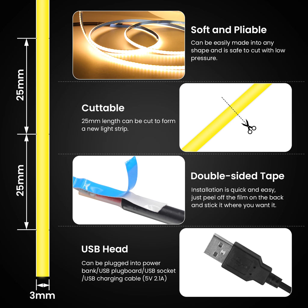 DC 5V USB COB Strip 3MM 5MM 8MM White/Pink/Red/White/Yellow/Yellow/Ice Blue/Green Flexible Ribbon Rope Home Decor TV Backlight