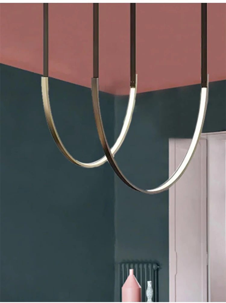 Minimalist metal line chandelier modern minimalist designer living room dining room hotel lobby leather U-shaped LED light
