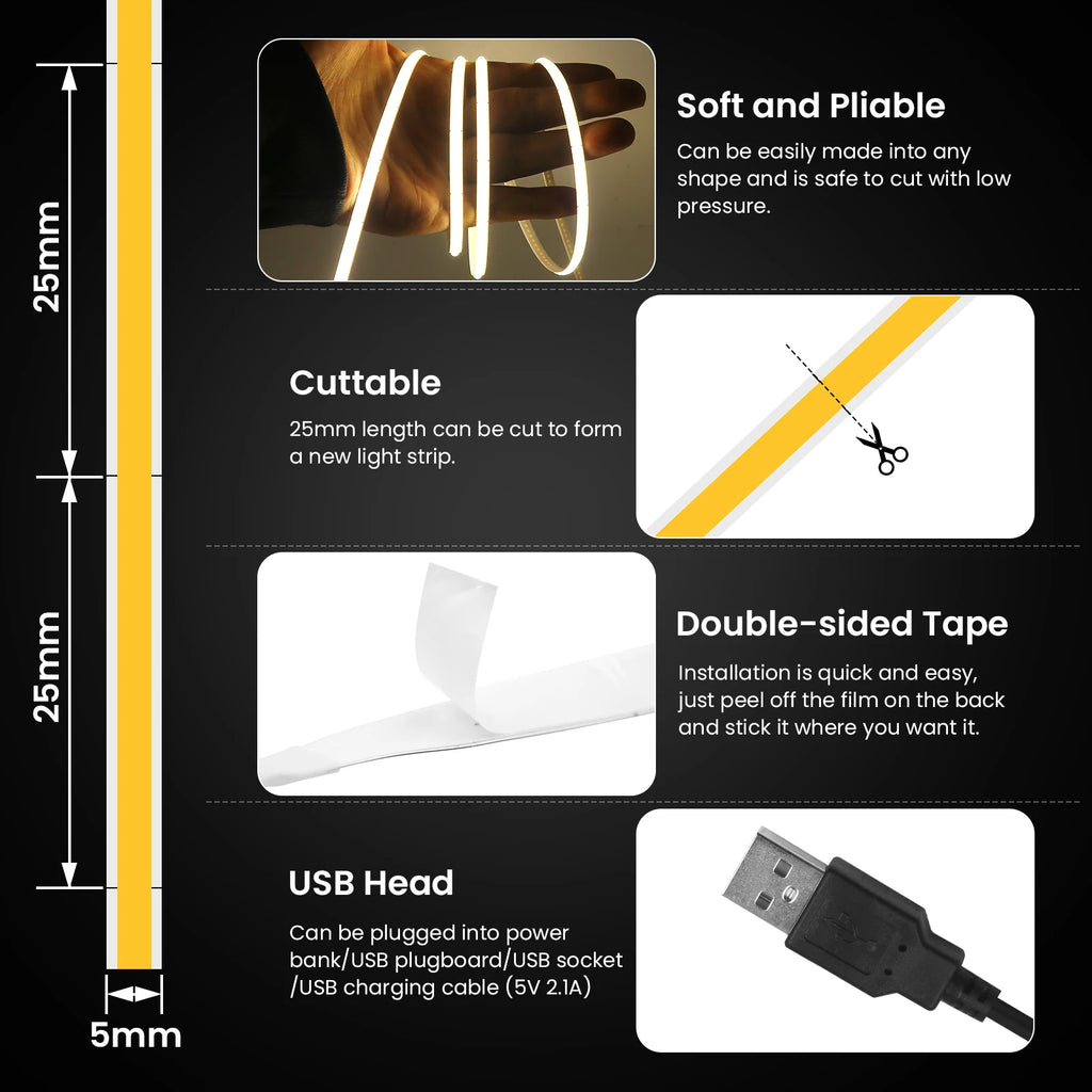 DC 5V USB COB Strip 3MM 5MM 8MM White/Pink/Red/White/Yellow/Yellow/Ice Blue/Green Flexible Ribbon Rope Home Decor TV Backlight