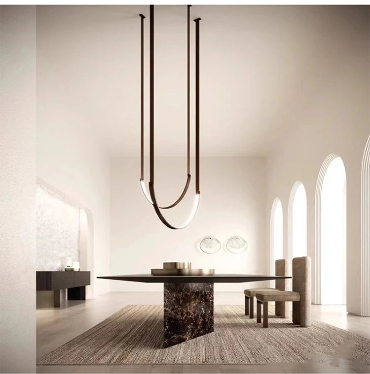 Minimalist metal line chandelier modern minimalist designer living room dining room hotel lobby leather U-shaped LED light