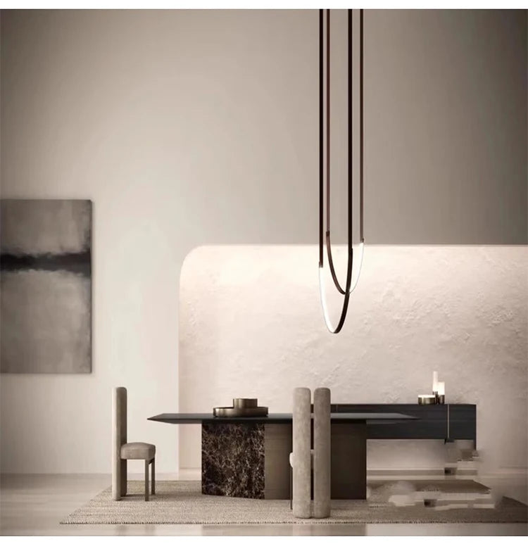 Minimalist metal line chandelier modern minimalist designer living room dining room hotel lobby leather U-shaped LED light