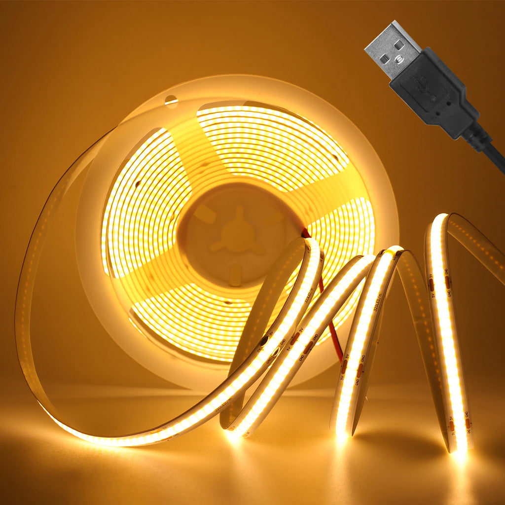 DC 5V USB COB Strip 3MM 5MM 8MM White/Pink/Red/White/Yellow/Yellow/Ice Blue/Green Flexible Ribbon Rope Home Decor TV Backlight